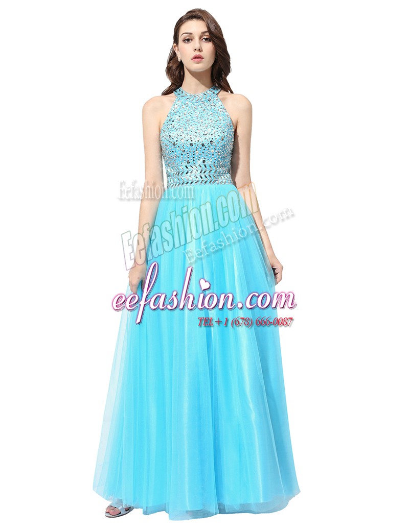  Scoop Tulle Sleeveless Floor Length Prom Evening Gown and Beading