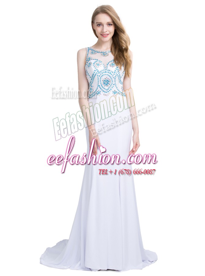  White Scoop Zipper Beading Dress for Prom Brush Train Sleeveless