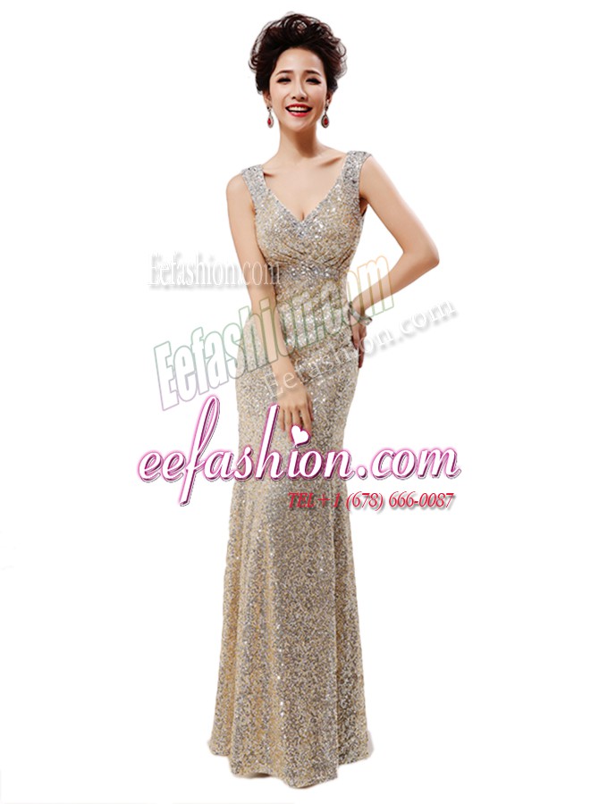  Sleeveless Sequined Floor Length Zipper in Champagne with Sequins
