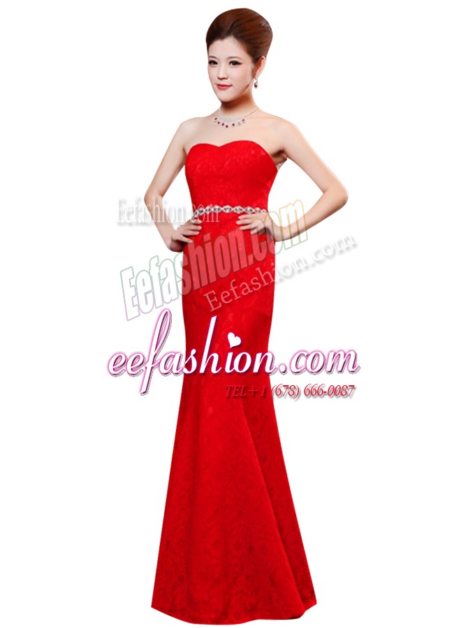Beautiful Red Sleeveless Floor Length Beading and Lace Zipper Prom Party Dress