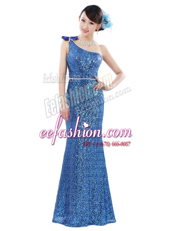 Artistic One Shoulder Sleeveless Sequined Floor Length Zipper Dress for Prom in Blue with Sequins