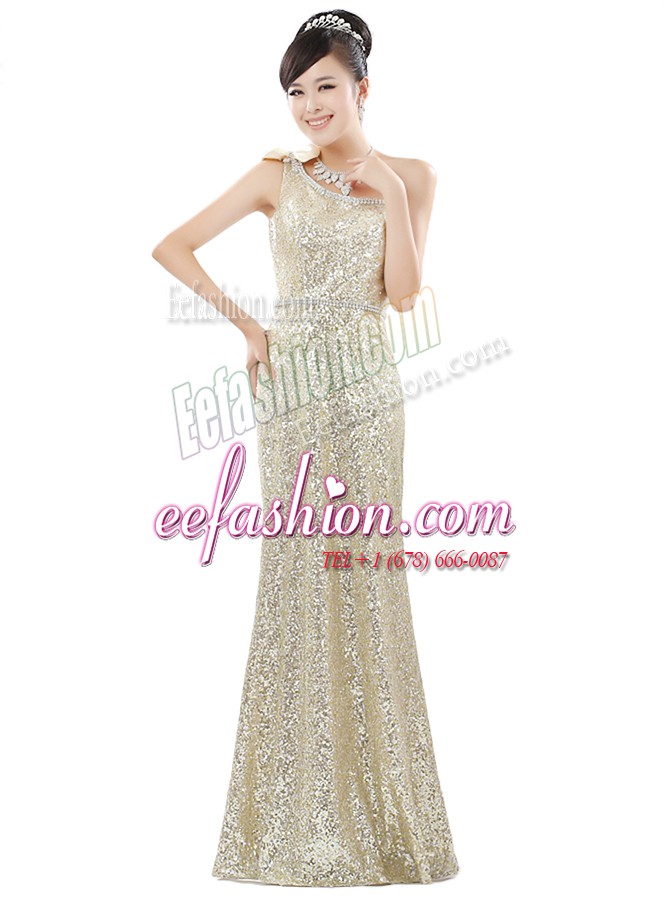  One Shoulder Sequins Champagne Sleeveless Sequined Zipper Prom Evening Gown for Prom and Party
