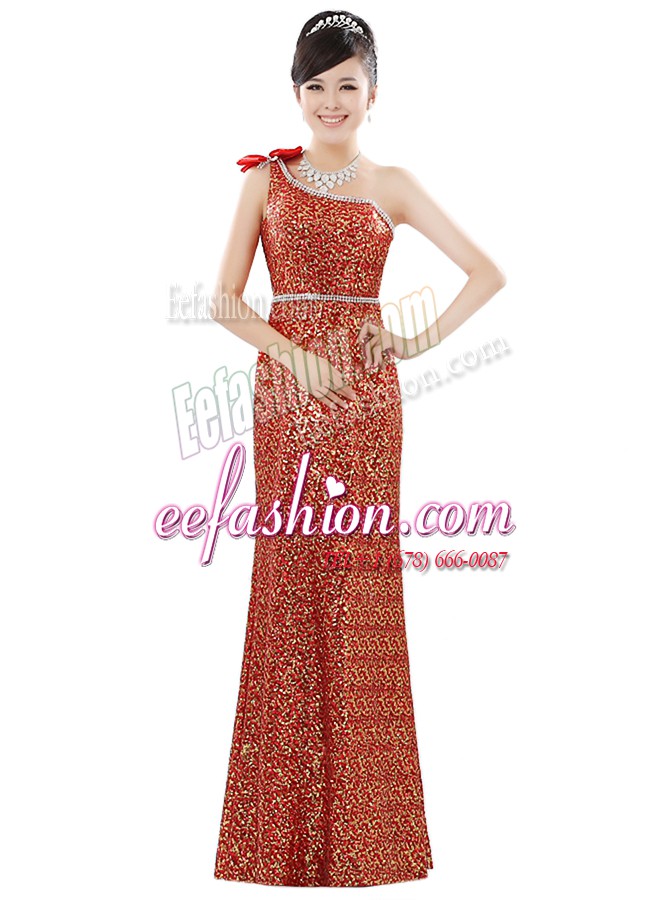  One Shoulder Floor Length Zipper Homecoming Dress Orange for Prom and Party with Beading and Sequins