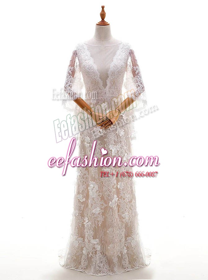  Peach Column/Sheath Appliques Bridal Gown Side Zipper Lace Half Sleeves With Train