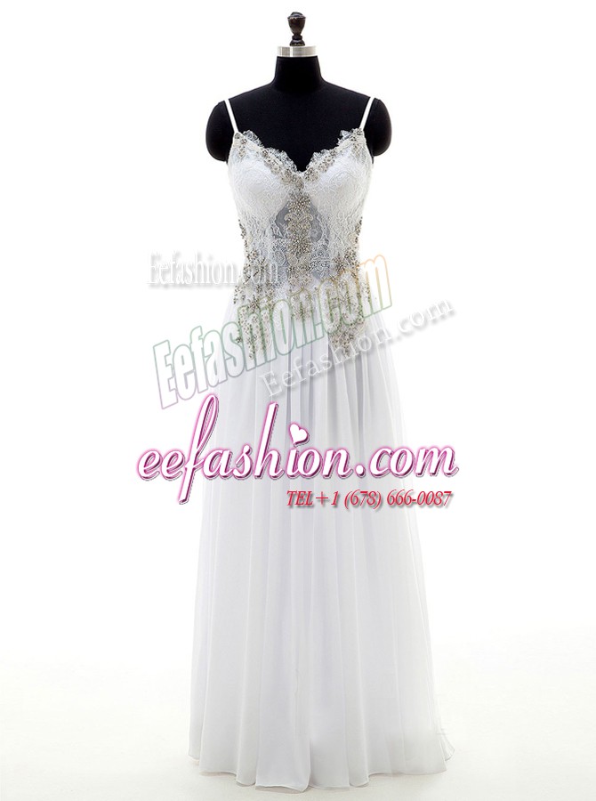  White Sleeveless Beading and Appliques Floor Length Wedding Dress