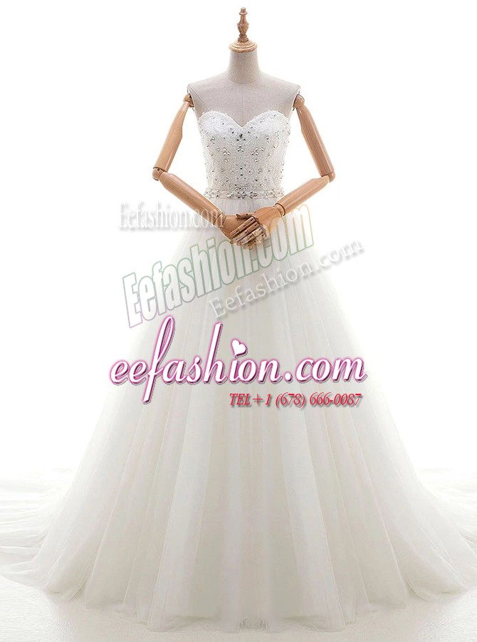 Flirting Sleeveless Brush Train Beading and Appliques Lace Up Wedding Gowns