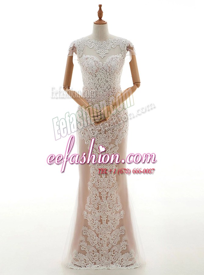 Eye-catching Champagne Cap Sleeves Floor Length Lace Zipper Wedding Gown