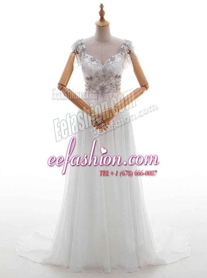 Trendy White V-neck Neckline Beading and Bowknot Wedding Dress Cap Sleeves Side Zipper