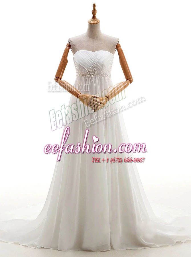  White Sweetheart Lace Up Beading Wedding Dress Brush Train Sleeveless