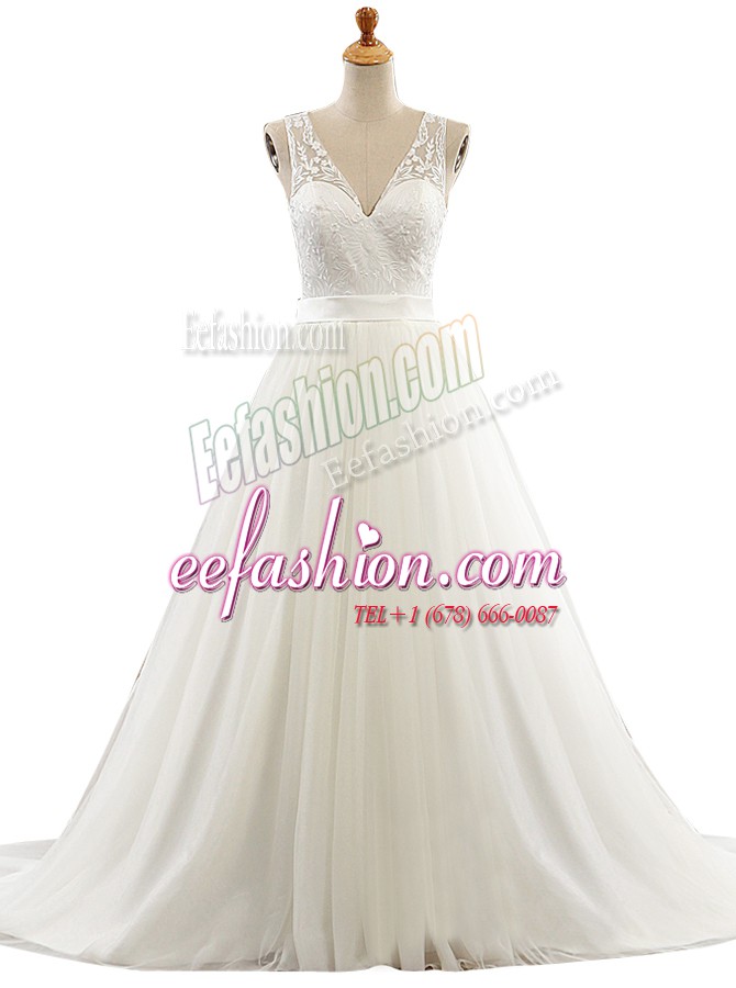  Tulle Sleeveless With Train Wedding Dress Brush Train and Lace