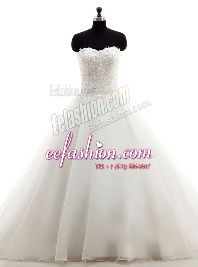 Chic White Wedding Gowns Wedding Party and For with Beading and Lace Sweetheart Sleeveless Brush Train Clasp Handle