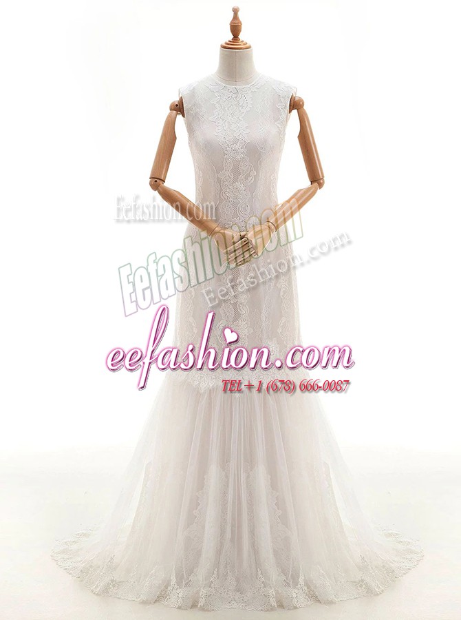Shining White Column/Sheath High-neck Sleeveless Lace With Brush Train Clasp Handle Lace Wedding Gowns