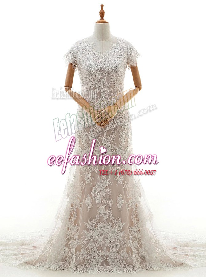  Mermaid White V-neck Neckline Lace and Appliques Wedding Gown Cap Sleeves Clasp Handle