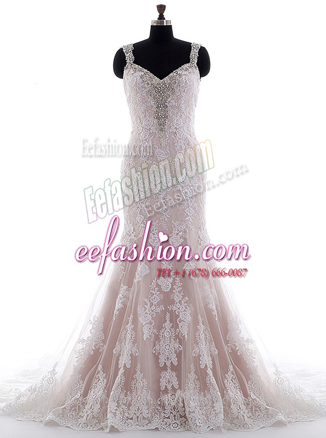  White Sleeveless Tulle and Lace Brush Train Backless Bridal Gown for Wedding Party