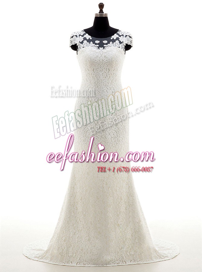 Graceful Scoop With Train Zipper Wedding Dresses White for Wedding Party with Lace Brush Train