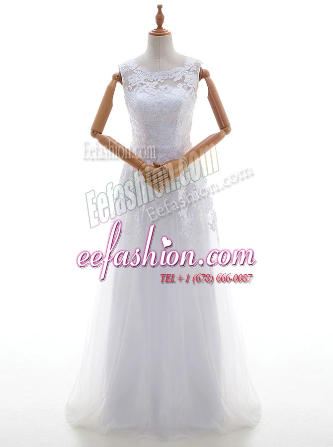 Custom Designed Tulle Scoop Sleeveless Brush Train Lace Up Lace and Appliques Wedding Dresses in White