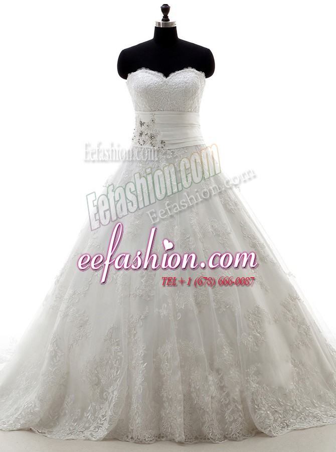  Brush Train A-line Wedding Gown White Sweetheart Lace Sleeveless Lace Up
