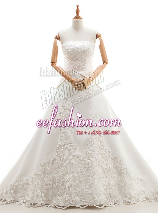 Delicate Strapless Sleeveless Chapel Train Lace Up Wedding Dress White Satin and Lace