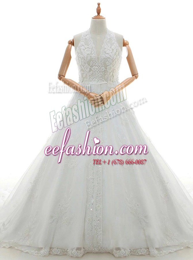 White Lace Lace Up V-neck Sleeveless With Train Wedding Dress Watteau Train Lace and Appliques