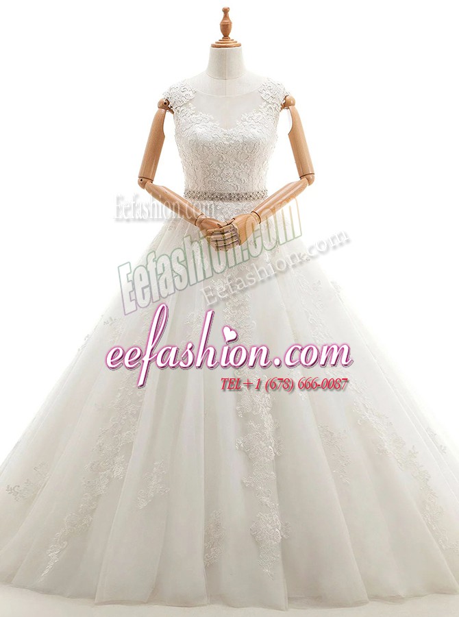  White Scoop Clasp Handle Lace and Appliques Wedding Gown Brush Train Sleeveless