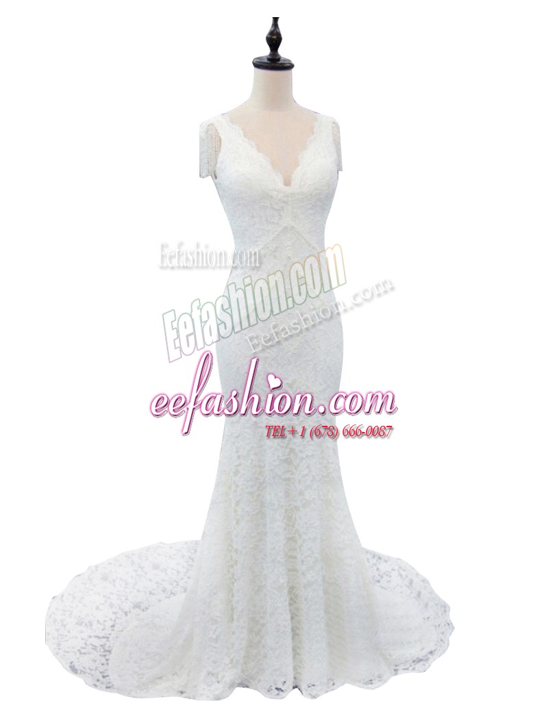 White Mermaid Lace Wedding Gown Zipper Lace Cap Sleeves With Train