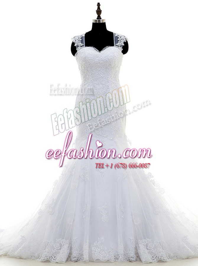 Unique White Mermaid Tulle Square Sleeveless Beading and Lace and Appliques With Train Zipper Bridal Gown Brush Train