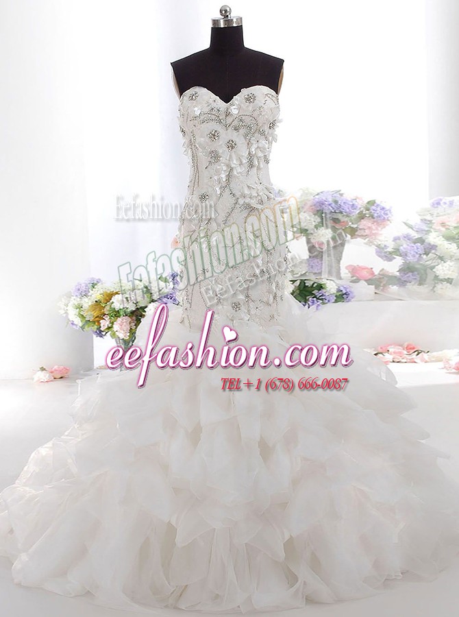 Traditional Mermaid Zipper Wedding Gown White for Wedding Party with Beading and Appliques Brush Train