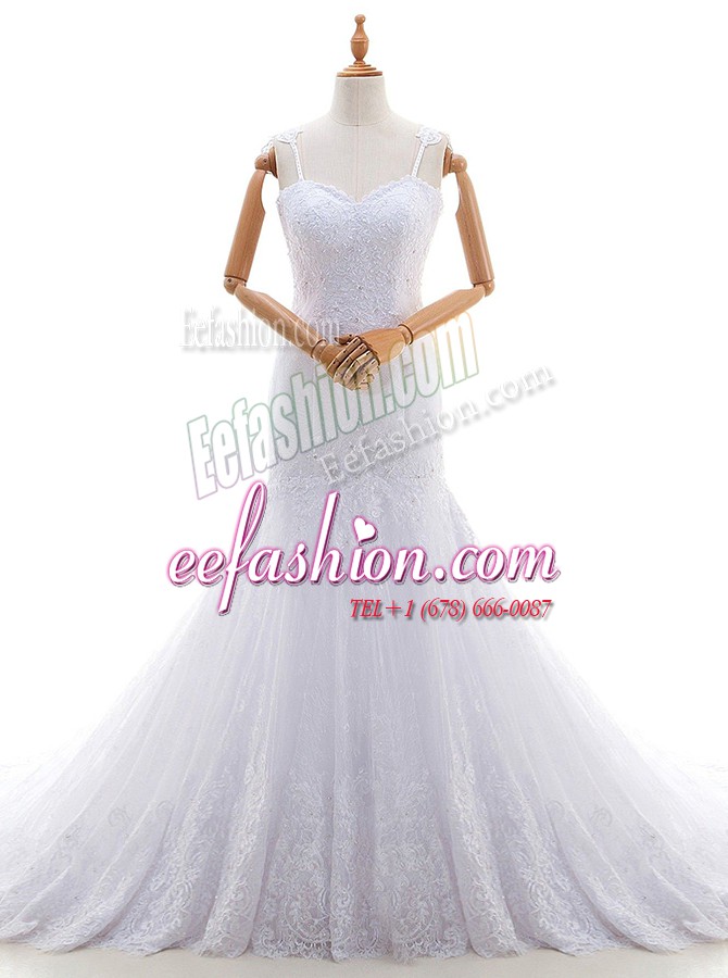  White Mermaid Lace Spaghetti Straps Sleeveless Lace With Train Backless Bridal Gown Brush Train
