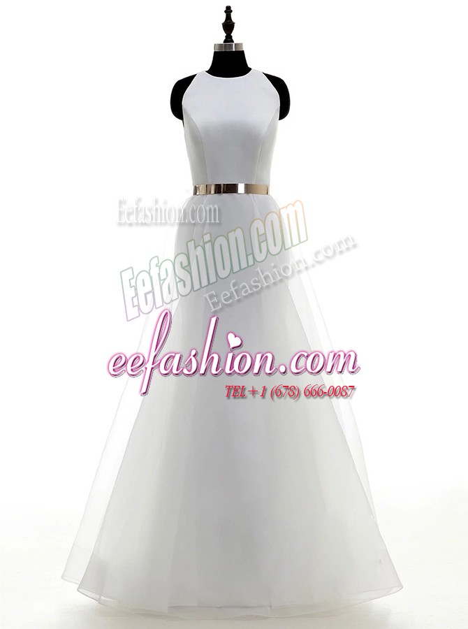  Scoop White Sleeveless Ruching and Belt Floor Length Wedding Gowns