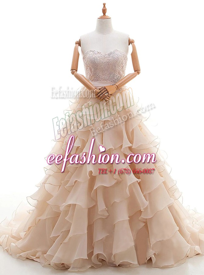 Hot Selling Peach Sleeveless Brush Train Lace and Ruffled Layers With Train Wedding Dresses