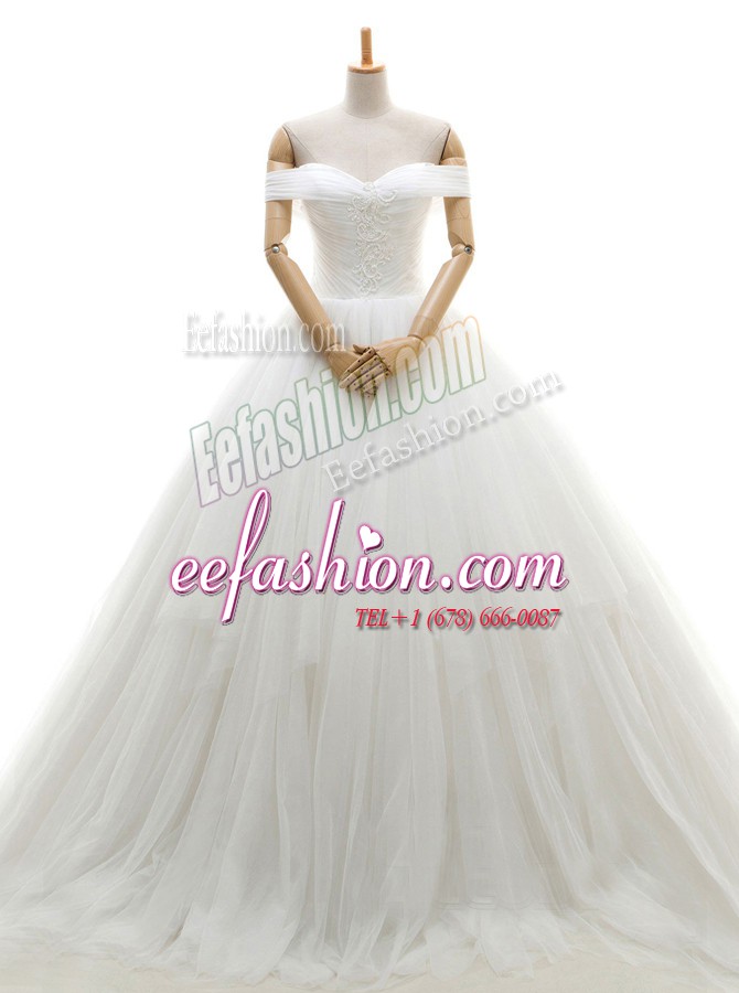 Extravagant Off the Shoulder Sleeveless With Train Ruching Lace Up Wedding Dress with White Chapel Train