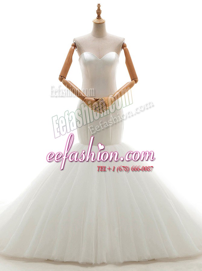 Pretty Mermaid With Train Lace Up Wedding Gown White for Wedding Party with Ruching Brush Train