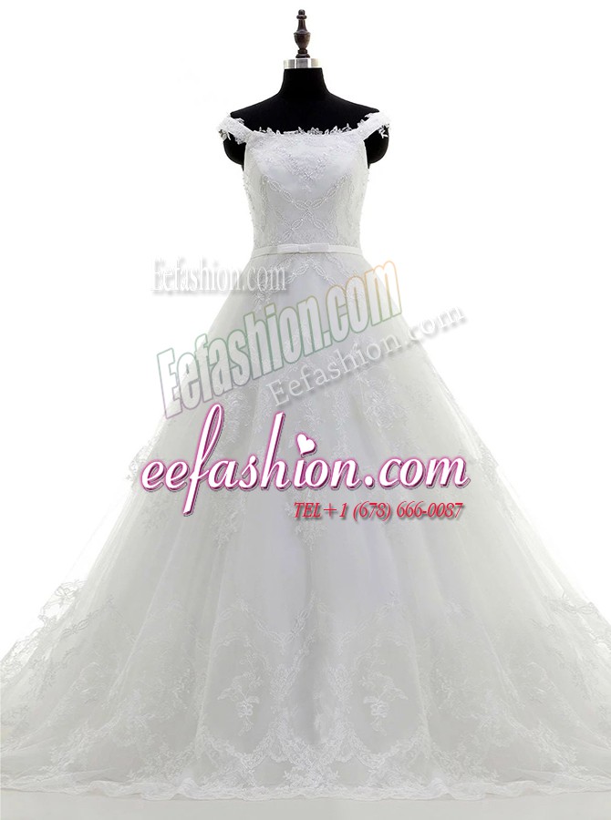 Trendy Sleeveless Tulle With Train Sweep Train Zipper Wedding Dress in White with Beading and Lace and Hand Made Flower