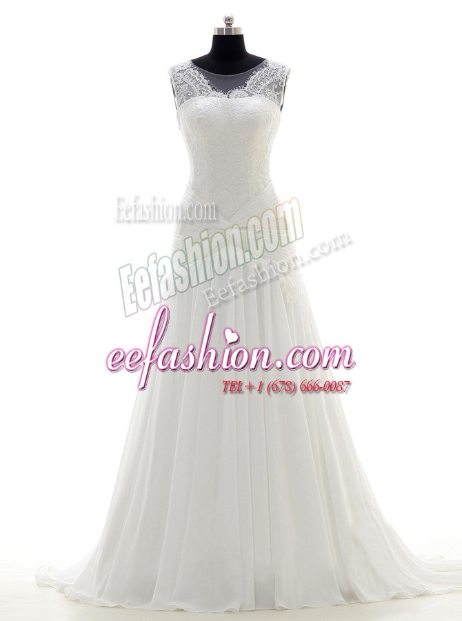 Fantastic Chiffon Scoop Sleeveless Brush Train Side Zipper Lace Wedding Gowns in White
