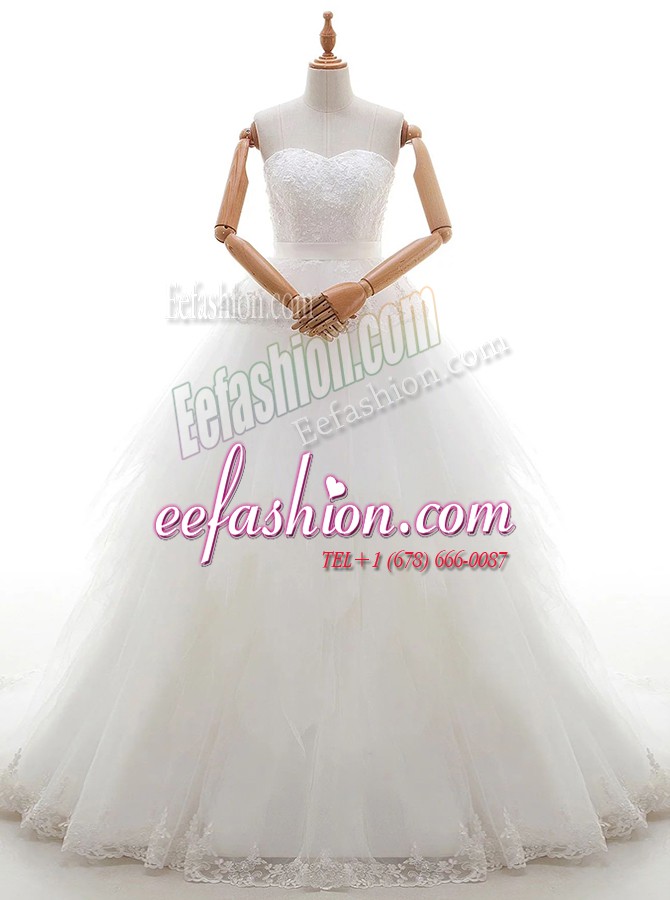 White Zipper High-neck Lace Bridal Gown Tulle Sleeveless Court Train