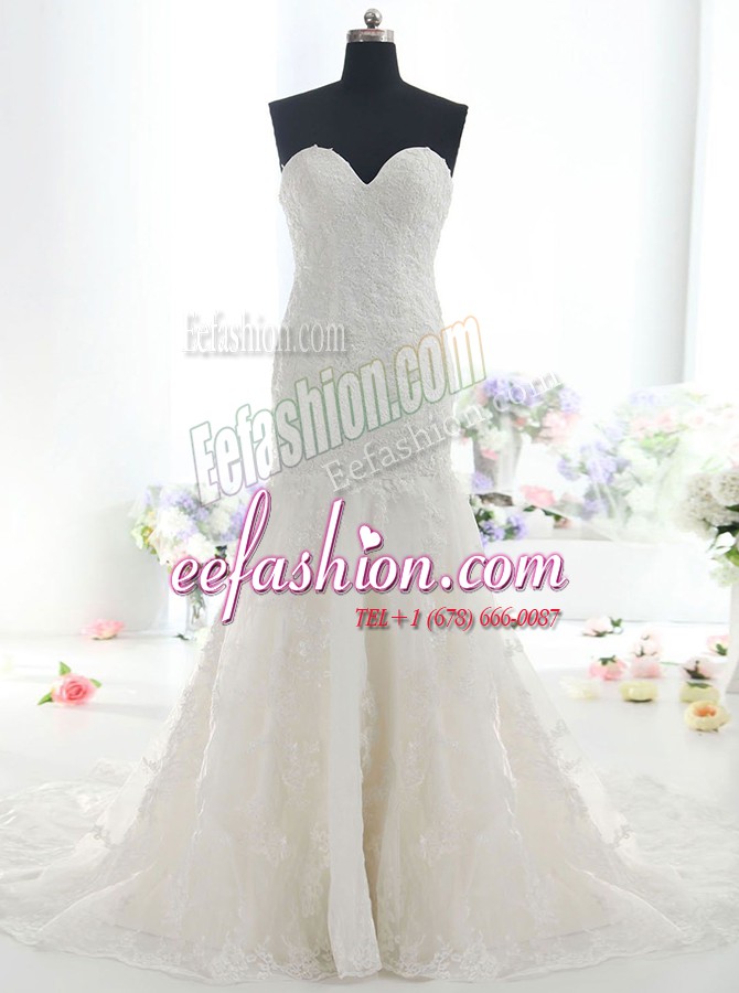 Suitable Mermaid With Train White Wedding Gowns Lace Brush Train Sleeveless Lace