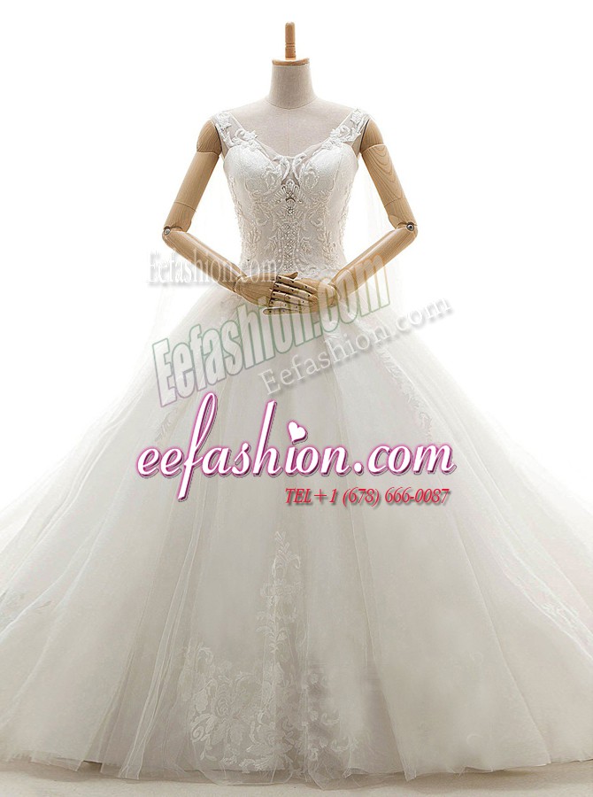 New Arrival White A-line Lace Wedding Dress Lace Up Tulle Sleeveless With Train