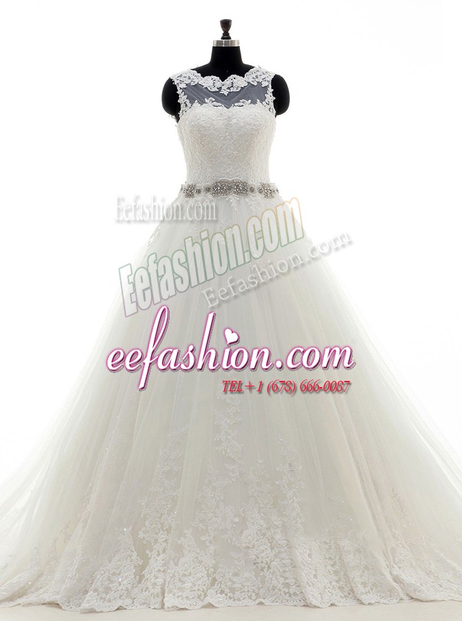  Scalloped Sleeveless Brush Train Beading and Lace and Appliques Clasp Handle Wedding Gowns