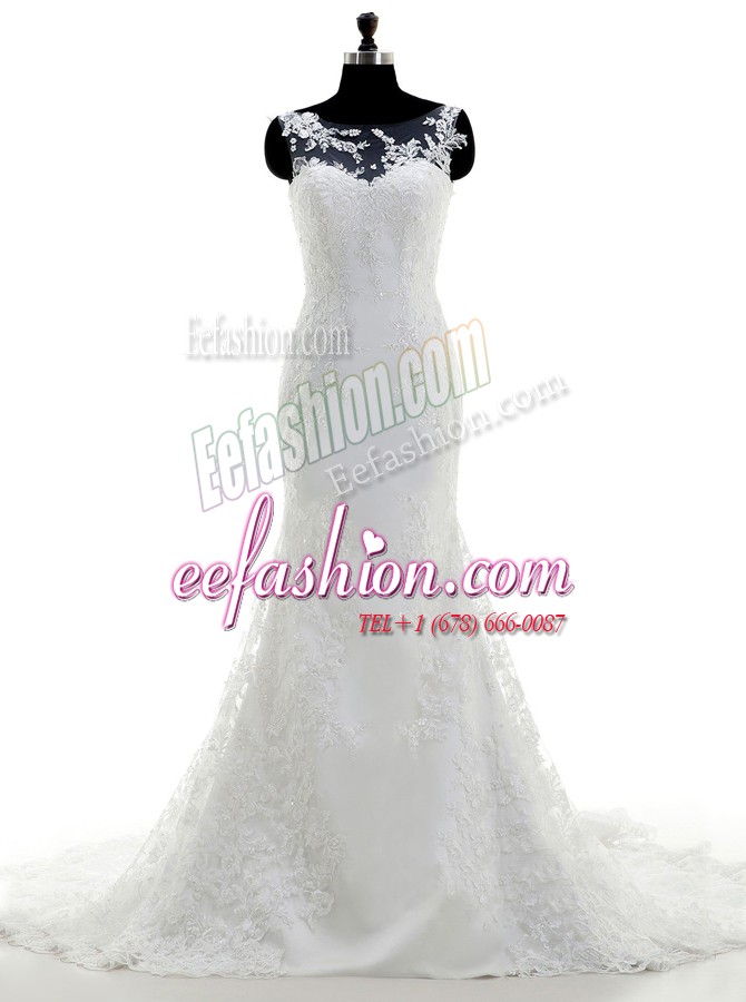 Affordable Mermaid Scoop Lace Sleeveless With Train Bridal Gown Brush Train and Lace and Appliques