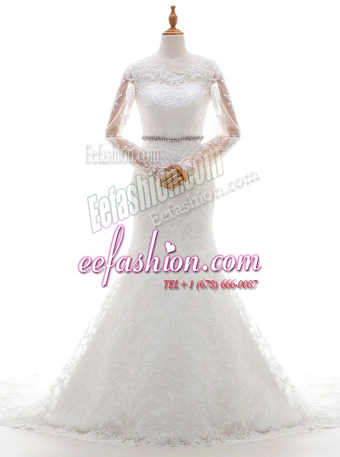 On Sale Mermaid Lace With Train White Wedding Gowns Scoop Long Sleeves Brush Train Clasp Handle