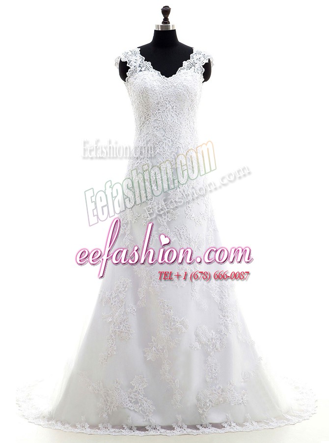 Gorgeous Sleeveless Brush Train Lace Clasp Handle Wedding Dress