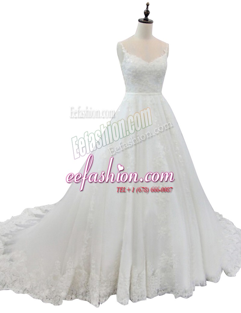  With Train A-line Sleeveless White Wedding Gowns Chapel Train Zipper