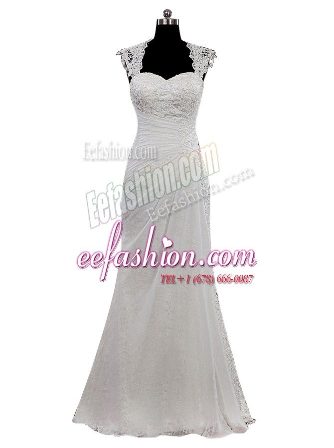Graceful Lace Sweetheart Cap Sleeves Side Zipper Bridal Gown White Chiffon