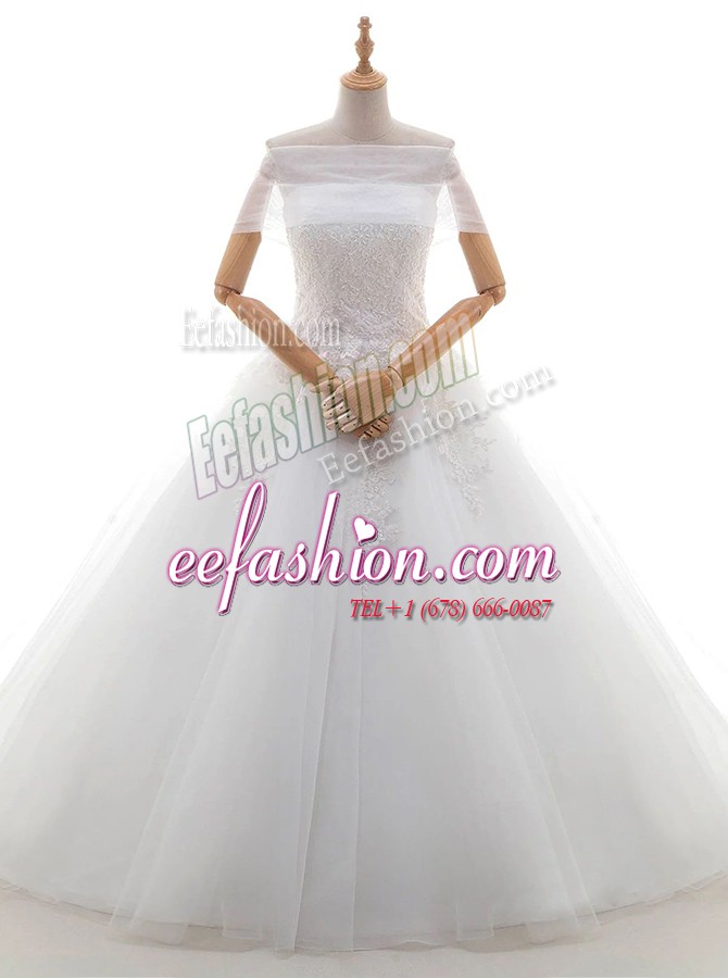  With Train White Wedding Dresses Tulle Court Train Cap Sleeves Lace and Bowknot
