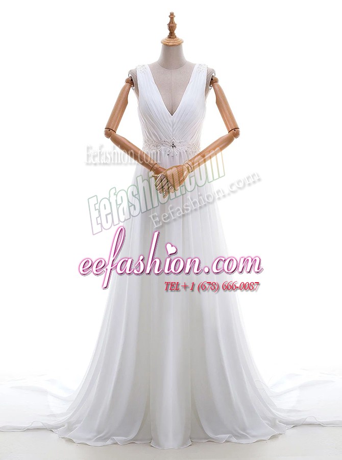  V-neck Sleeveless Bridal Gown With Brush Train Appliques White Chiffon