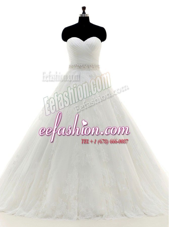  Beading and Lace and Appliques Wedding Dresses White Clasp Handle Sleeveless With Brush Train