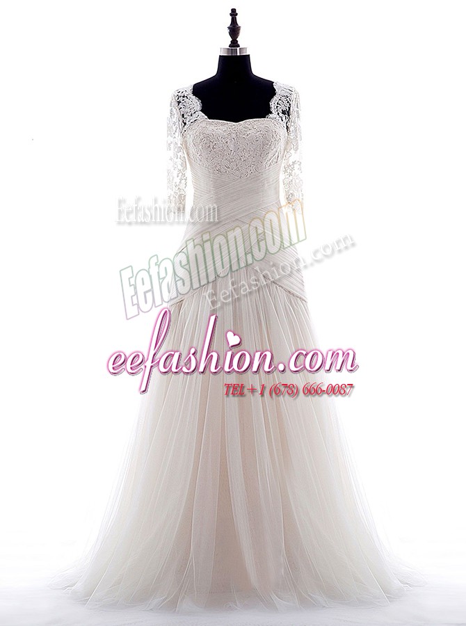Fantastic White Zipper Wedding Dress Lace Half Sleeves With Brush Train