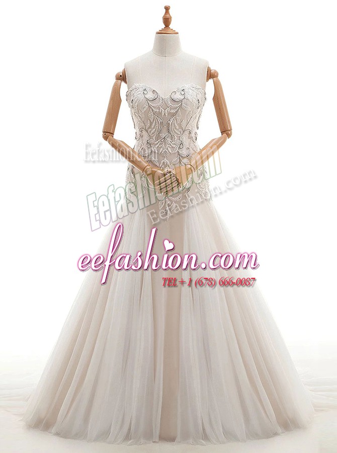  White Wedding Dress Wedding Party and For with Beading Sweetheart Sleeveless Brush Train Lace Up
