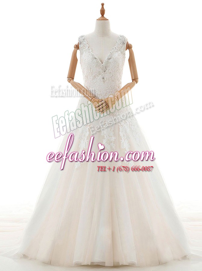 Hot Sale White Wedding Dresses Wedding Party and For with Appliques V-neck Sleeveless Court Train Zipper