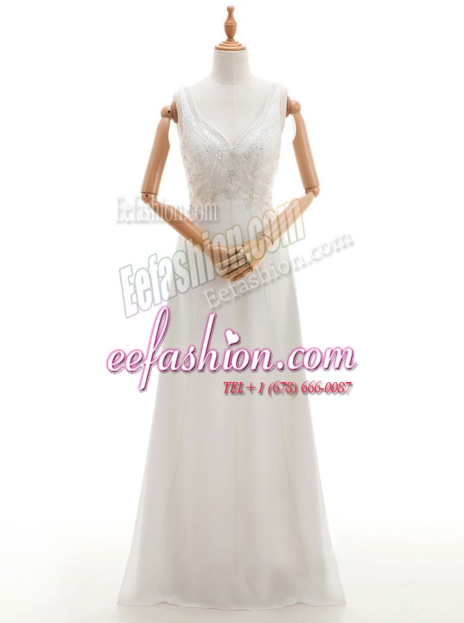  White V-neck Backless Beading Wedding Gown Sleeveless